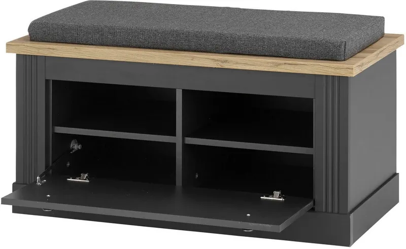 OTTO home Sitzbank Westminster, Schuhbank mit Sitzkissen, Garderobenbank im Landhausstil, Metallgriffe, in 2 Farben erhältlich, Platz für 8 Schuhe, 92 cm breit, Grau, – Produktbild 4 von 5