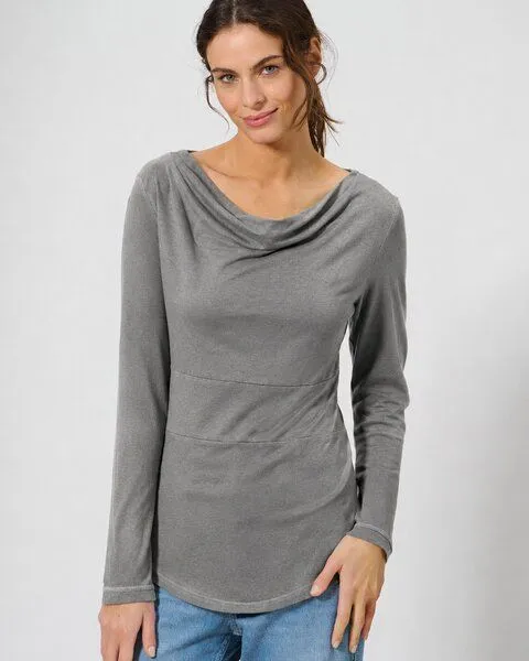 HempAge HempAge Damen Langarmshirt mit Wasserfallkragen Hanf/Biobaumwolle, Taupe, – Produktbild 1 von 3