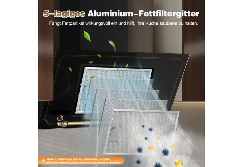 SNDOAS Kopffreihaube Dunstabzugshaube 60cm, 450 m³/h Umluft, 3 Stufen + Booster, A+++ Touchscreen Schräghaube, Abluft/Umluft mit LED, Schwarz, – Produktbild 5 von 5
