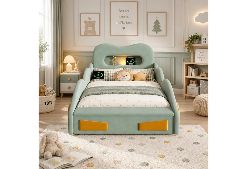 i@home Kinderbett 90 x 200cm Kinderbett Autobett Polsterbett mit Leselicht,Ladeanschluss, Bettkasten am Fußende, Autobett Bett mit Räderdesign, Flanell, Grün, – Produktbild 4 von 5