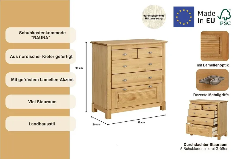 OTTO home Schubkastenkommode Rauna, aus massiver Kiefer mit 5 Schubladen, Breite 96 cm, Beige, – Produktbild 1 von 4