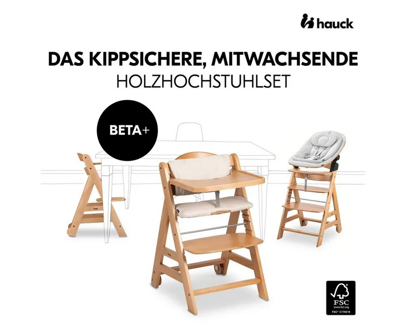 Hauck Hauck Hochstuhl Beta Plus Natural Newbornset Eco - Light Grey (Set), Holz Babystuhl ab Geburt mit Neugeborenensufsatz, Sitzkissen, Essbrett, Beige, – Produktbild 3 von 5