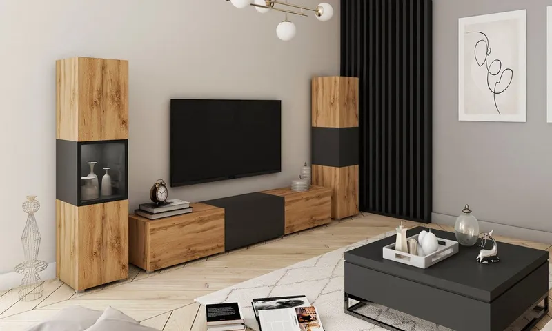 Home affaire Wohnwand BERLIN III, Vitrine Türschlag links/rechts wechselbar, (Komplett-Set, 3-St), moderne grifflose Mediawand Breite 260 cm, Vitrine mit Verglasung, Beige|schwarz, – Produktbild 3 von 5