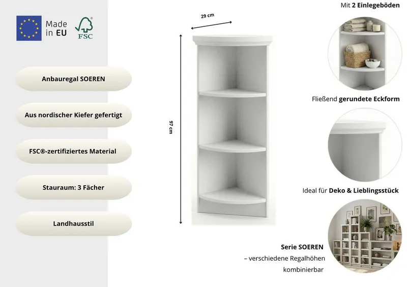 OTTO home Anbauregal Soeren Abschlussregal Höhen 97 bzw. 220 cm, aus massiver Kiefer, passend für Tiefe 29 cm, FSC®-zertifiziert, Weiß, – Produktbild 1 von 6