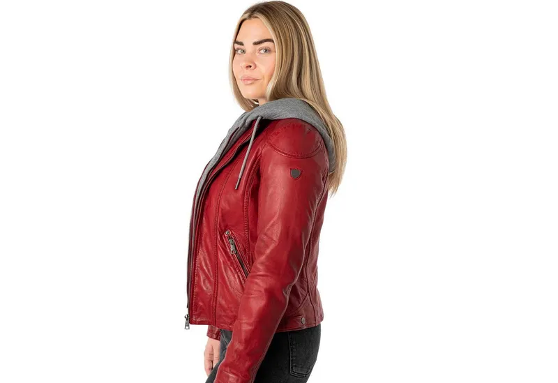 Mauritius Lederjacke MWAmmy Mauritius - Damen Lederjacke Lammnappa Kapuze rot, Rot, – Produktbild 2 von 5