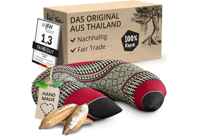 livasia Nackenhörnchen Reisekissen - 24x28x7cm, Kapok, vegan, handgefertigt, Rot|schwarz, – Produktbild 1 von 5