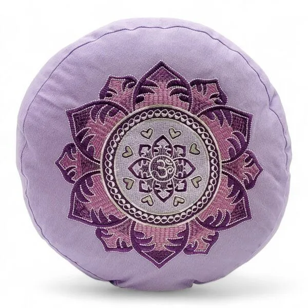 BAGHI BAGHI Meditationskissen Rund Om Bestickung - Sitzhöhe 15cm Bio-Baumwolle kbA, Lavendel, – Produktbild 1 von 4