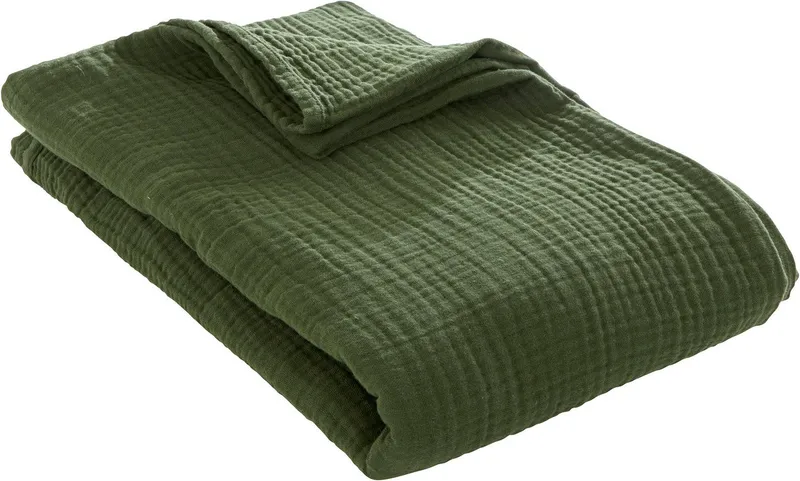 Wohndecke HEVIN, Musselin, 100% Baumwolle, Topseller!, LeGer Home by Lena Gercke, Tagesdecke im Baumwoll-Crinkle-Effekt, Musselin, leichte Kuscheldecke, Grün|rot, – Produktbild 2 von 3