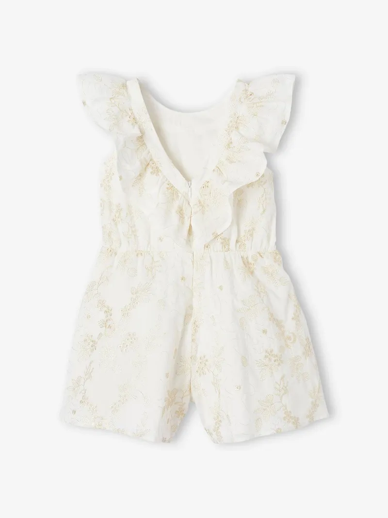 Vertbaudet Festlicher kurzer Mädchen Jumpsuit mit gestickten Glanzblumen, Weiß, – Produktbild 2 von 4