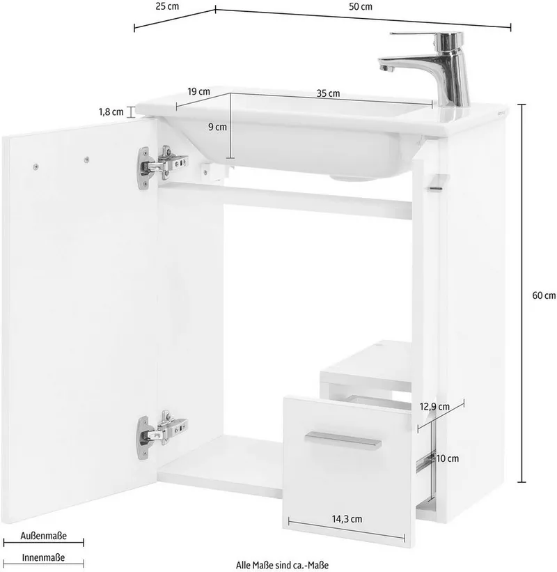 Schildmeyer Waschtisch Matteo, Waschtisch, Made in Germany, B: 50 cm, Solide Verarbeitung - Dieses Produkt ist in Deutschland gefertigt, Weiß, – Produktbild 5 von 5