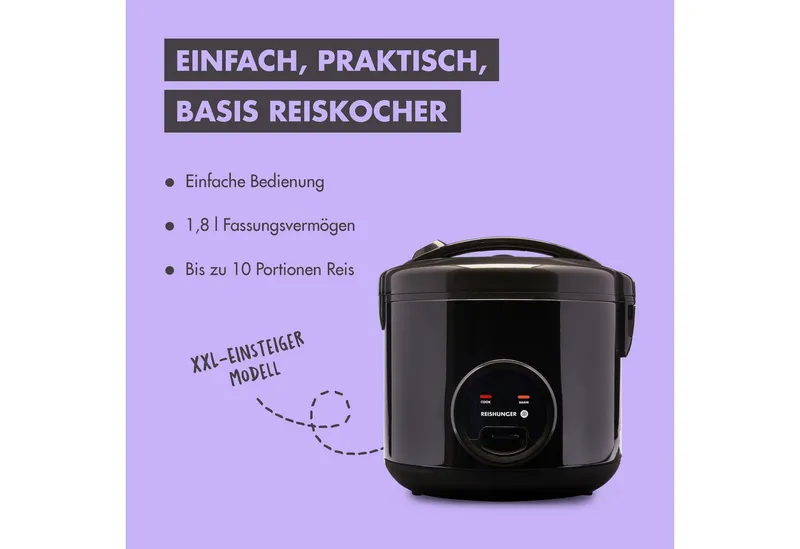 Reishunger Reishunger Reiskocher Groß – 1,8 L – mit Keramikbeschichtung – bis zu 10 Portionen, 700,00 W, Mit Dampfgarfunktion & Warmhaltefunktion, Schwarz, – Produktbild 2 von 5