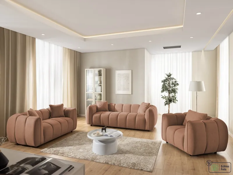 S-Style Möbel Polstergarnitur 3+2+1 Nubira in tief gesteppter Bubble-Optik aus Strukturstoff, mit modernem Design und Wellenfederung, Rot, – Produktbild 2 von 5