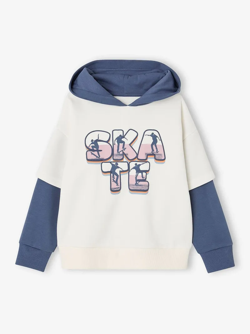 Vertbaudet Kapuzensweatshirt mit Vintage-Print und Ärmeln im Lagenlook Jungen, Wollweiß, – Produktbild 3 von 4