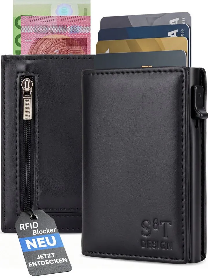 S&T Design Smart-Wallet RFID-Geldbörse Brieftasche Kartenetui Leder mit Münz- und Bargeldfach (14 Karten Kleines Portmonee Schwarz, 1-tlg., mit Sichtfenster, inkl. Geschenkbox und Dankeskarte), RFID Diebstahl Schutz Münzfach Karten-Slider Magnetverschluß 14 Karten, Schwarz, – Produktbild 2 von 5