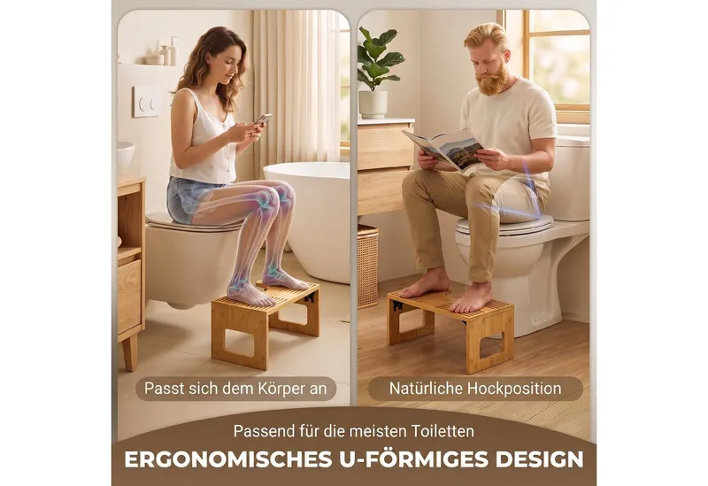HOMCOM HOMCOM Badhocker Ergonomischer Toilettenhocker aus Bambus (Set, 1 St., 1er), klappbar, rutschfest, U-Aussparung, Beige, – Produktbild 4 von 5
