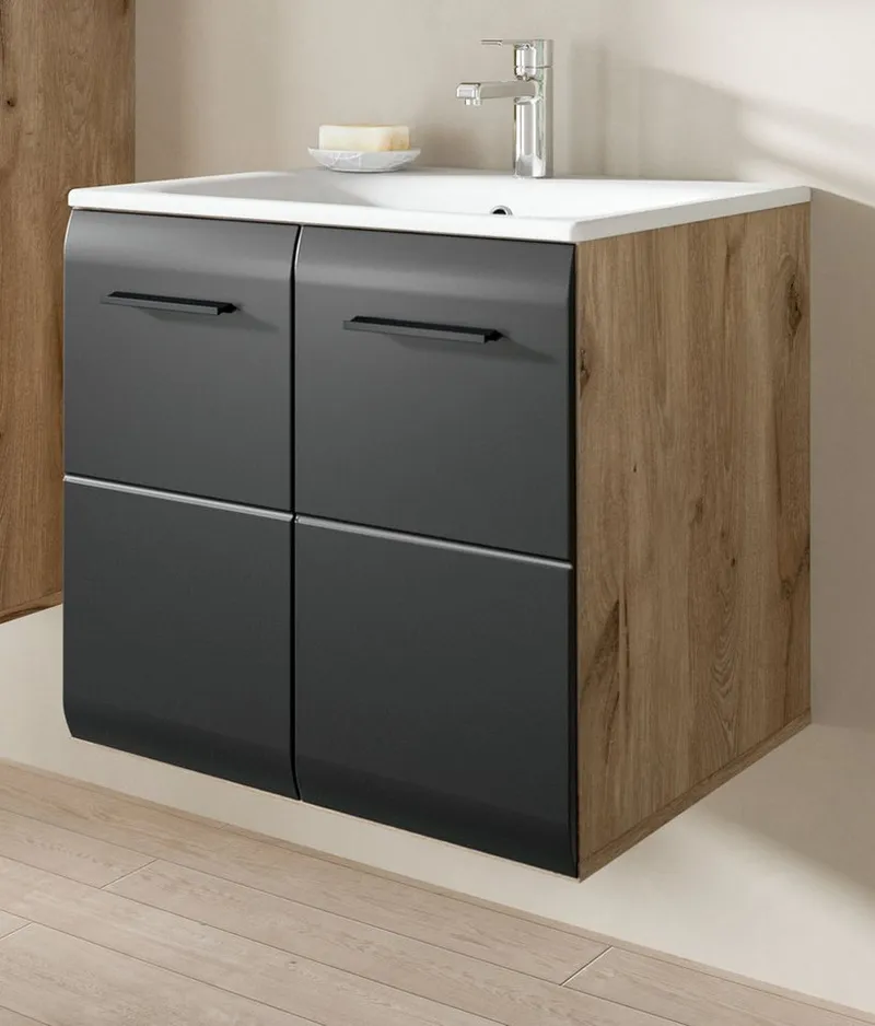 Inn.Furn Waschtisch Cover (Set in Schwarz matt mit Eiche, Waschplatz Breite 60 cm), inkl. Keramik Waschbecken, Schwarz, – Produktbild 2 von 5