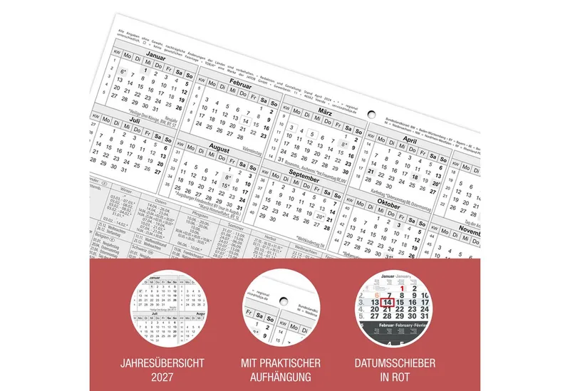 TOBJA Wandkalender 3 Monatskalender 2027 Anthrazit mit Datumsschieber 30x56 FSC, Anthrazit, Datumsschieber, Schulferien DE+AT, 4-sprachig, FSC, Schwarz, – Produktbild 5 von 5