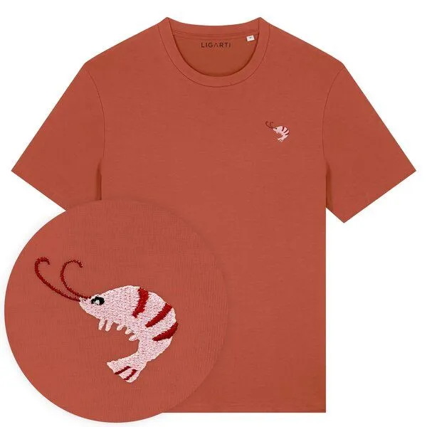 LIGARTI Besticktes T-Shirt – Nele der Shrimp – LIGARTI Tiermanufaktur, Terracotta, – Produktbild 1 von 3