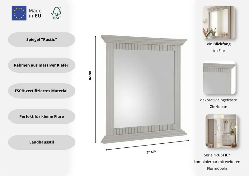 OTTO home Spiegel Rustic, Garderobenspiegel, Landhausstil (Made in Europe), Rahmen in Kiefer massiv, Breite 78 cm, mit Zierfräsungen, Braun, – Produktbild 8 von 8