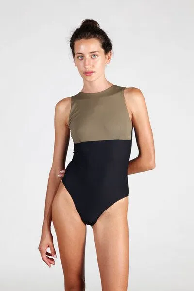 RENDL RENDL Swimsuit No.18 - zweifarbiger, hochgeschnittener Badeanzug, Olive/schwarz, – Produktbild 1 von 2
