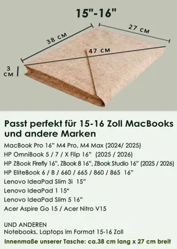 BY COPALA BY COPALA Gefütterte 15–16 Zoll Laptoptasche aus Kork | Nachhaltige vegane Laptop Hülle mit Magnetverschluss, wasserabweisend für MacBook Air & Pro, Natur – Produktbild 1 von 1