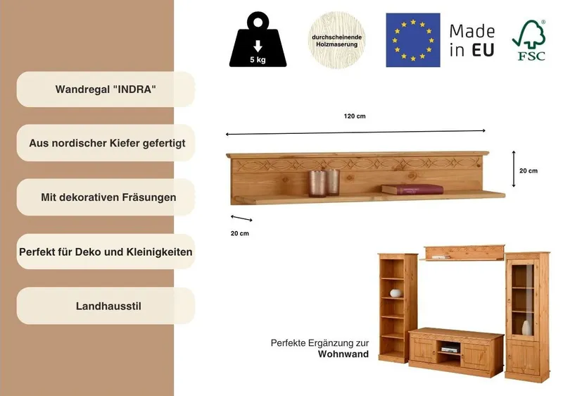 OTTO home Wandregal Indra Regal mit einer dekorativen Fräsung, 120cm breit, aus massiver Kiefer, 120 cm breit, Beige, – Produktbild 3 von 5