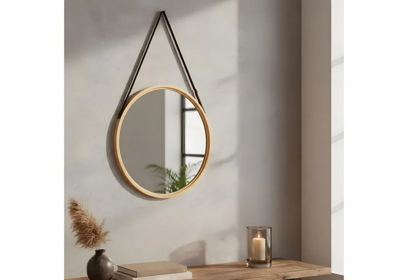 Levandeo® Wandspiegel, Wandspiegel 38cm Rund Bambus Holz Kunstleder Flurspiegel Wanddeko, Natur, – Produktbild 1 von 5