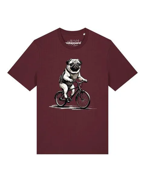 watapparel watapparel T-Shirt Unisex Mops auf Fahrrad, Burgundy, – Produktbild 1 von 2