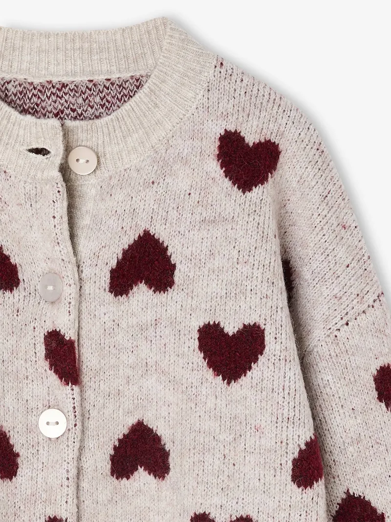 Vertbaudet Vertbaudet Mädchen Cardigan mit Jacquard-Herzen 42% Recycling-Polyester GRS-zertifiziert, Beige golden, – Produktbild 3 von 4