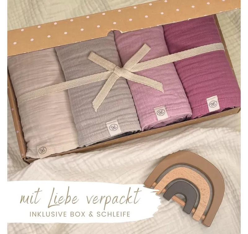 Babydecke Spucktücher, Mulltücher 4er-SET, 64x64 100% GOTS BIO-Baumwolle, DIKOS, PREMIUM Qualität atmungsaktiv, nachhaltig, plastikfrei, kuschelweich, Beere creme, – Produktbild 4 von 5