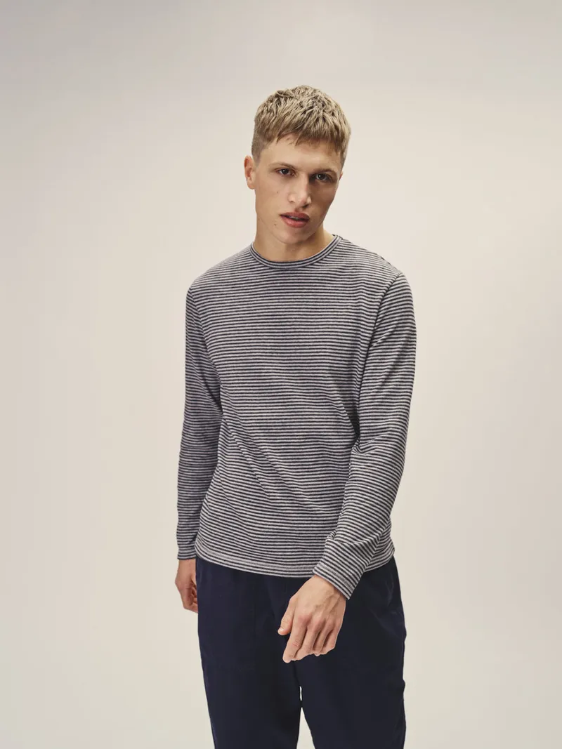WOTE WOTE Herren vegan Langarmshirt Gestreift Dunkelblau Grau, Dunkelblau, – Produktbild 1 von 2