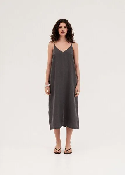 AmourLinen AmourLinen Leinen langes Kleid Jakarta, Charcoal (schwarz), – Produktbild 1 von 4
