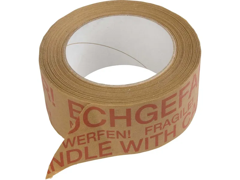 Kraftpapier-Packband mit Aufdruck "Bruchgefahr", 50 mm x 50 m, rot auf braun – Produktbild 1 von 1