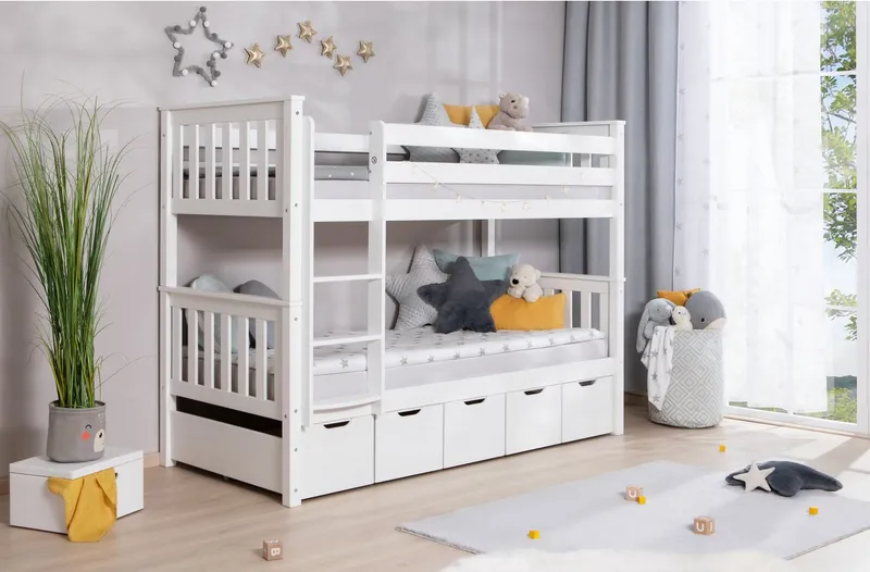 TICAA TICAA Etagenbett Sammy (90x200cm), mit Stauraum, umbaubar zu 2 Einzelbetten, Rollrost, Massivholz, Weiß, – Produktbild 2 von 4
