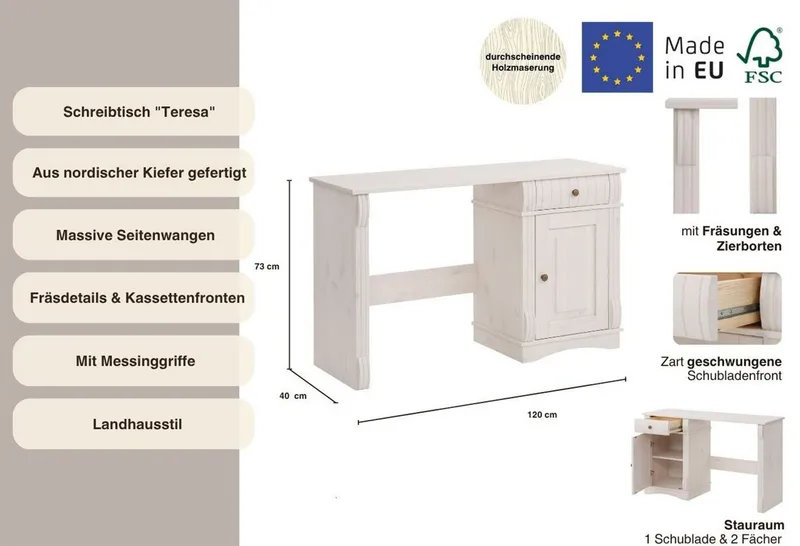 OTTO home Schreibtisch Teresa (Maße (B/T/H): 120/37/73 cm), Computertisch mit Schublade, Massivholz, Breite 120 cm, Weiß, – Produktbild 4 von 5
