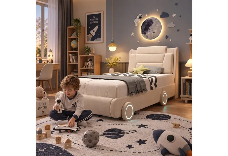 i@home Kinderbett 90 x 200cm Kinder Autobett Polsterbett,Kinderbett,Jugendbett,Cremeweiß, mit höhenverstellbarem Kopfteil, Lichtleiste, Räder-Design, Flanell, Weiß, – Produktbild 5 von 5