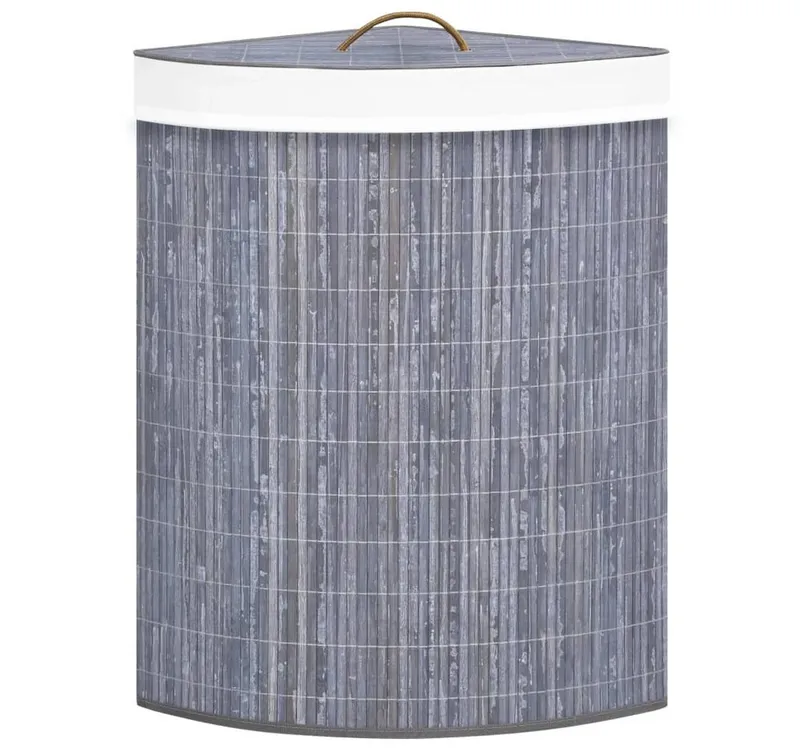 furnicato Wäschekorb Eck-Bambus 52,3x37x65 cm Grau mit herausnehmbarem (1 St), Klappbare Wäschetonne mit Deckelgriff und 60l Fassungsvermögen, Grau, – Produktbild 4 von 5