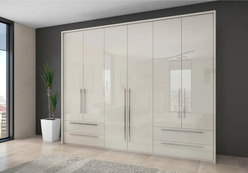 OTTO home Drehtürenschrank Piano, inklusive Rahmen und Beleuchtung, soft-close-Funktion (277 oder 322cm breit, 226cm hoch, mit 4 Schubladen) UV lackiert, hochglänzend weiß oder beige, FSC-zertifiziert, Beige|grau, – Produktbild 1 von 7