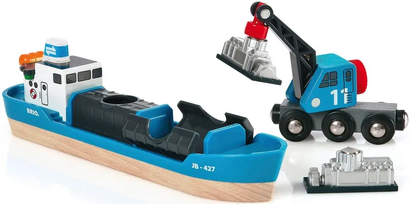BRIO BRIO Spielzeugeisenbahn-Erweiterung BRIO® WORLD, Containerschiff mit Kranwagen, Bunt, – Produktbild 2 von 4