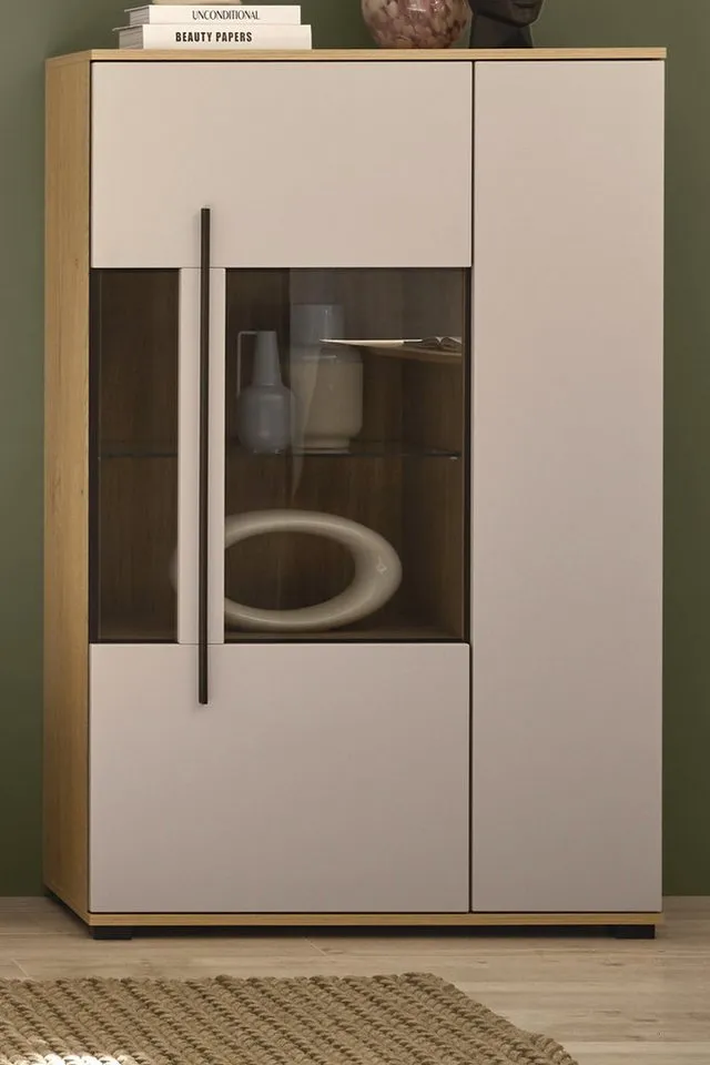 Furn.Design Highboard Design-D (Vitrinenschrank in Kaschmir / Sand und Eiche, 2-türig, 90 x 140 cm), mit viel Stauraum, Beige, – Produktbild 3 von 5