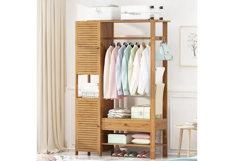 WAOHO Kleiderschrank kleiderschrank Bambus, Garderobenständer mit Schrank und Schublade, Beige, – Produktbild 4 von 5