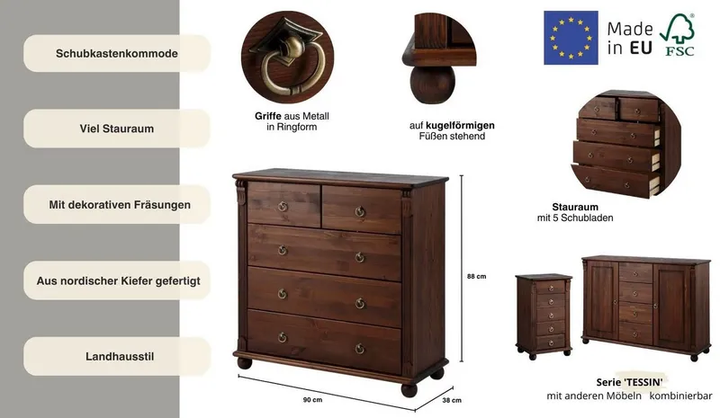 OTTO home Schubkastenkommode Tessin, aus massiver, FSC zertifizierter Kiefer, mit 5 Schubladen, Braun, – Produktbild 4 von 5