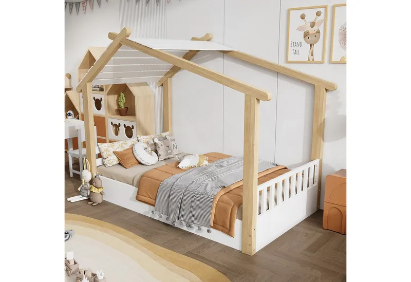 Merax Kinderbett 90x200cm im Holzhausdesign (1-tlg), Kieferholz Hausbett mit stabilem Lattenrost & schlichtem Design, Weiß, – Produktbild 4 von 5