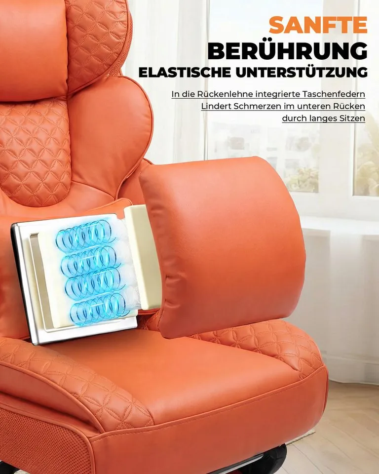 COMHOMA Gaming-Stuhl Ergonomischer Bürostuhl 180 kg, mit Lendenstütze & Fußstütze, 135° verstellbare Rückenlehne, hoher Chefsessel, Orange, – Produktbild 2 von 5