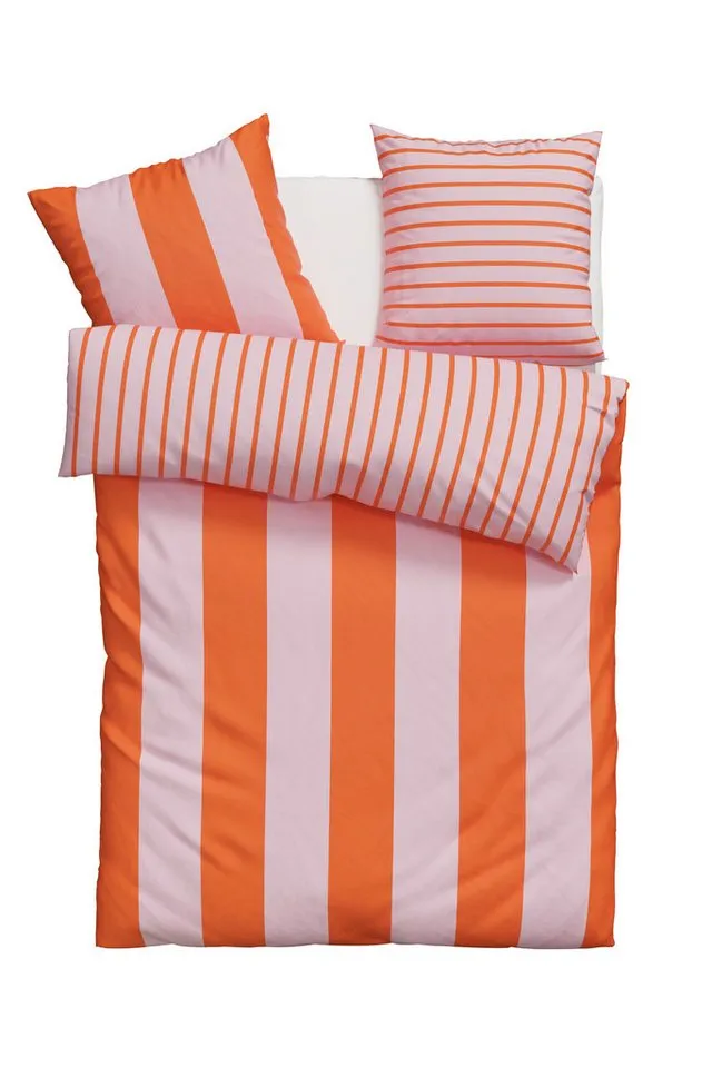 OTTO home Wendebettwäsche Sari Trend ab Gr. 135x200 cm, Bettwäsche-Set in modernen Farben, Linon, 2 teilig, Bettwäsche aus 100% Baumwolle mit Streifen, trendig, Orange|rosa, – Produktbild 3 von 6