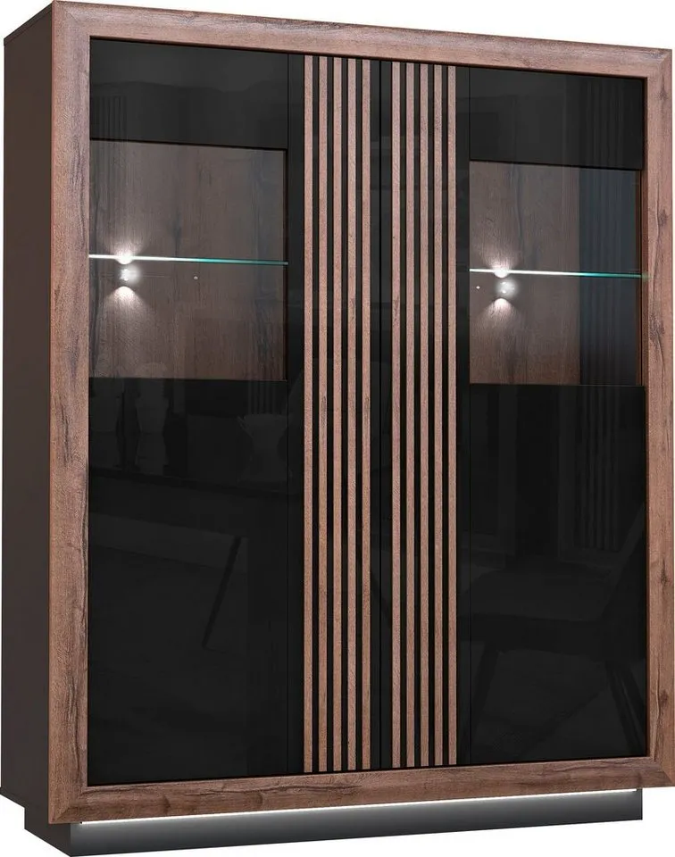 FORTE Highboard Savona, Höhe 161 cm, inkl. Sockelbeleuchtung, Schwarz, – Produktbild 2 von 5