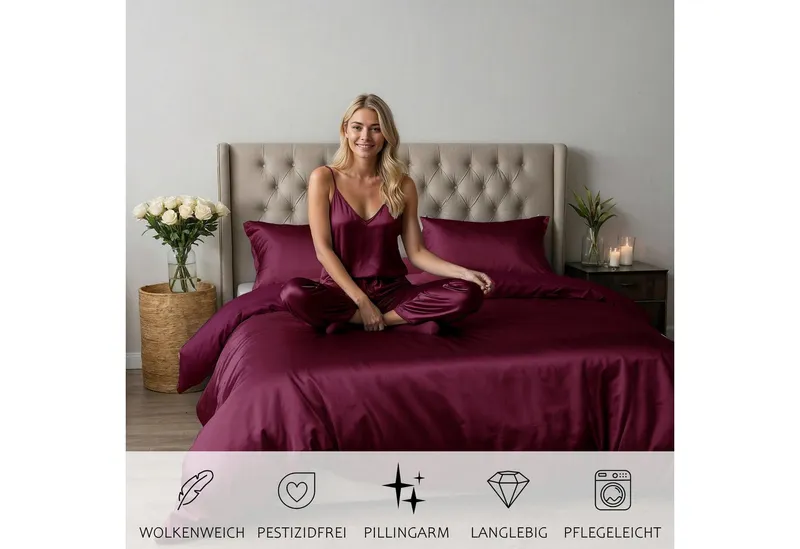 Cozyor Bettwäsche Satin glänzend 135x200, 155x200, 155x220, 200x200cm mit Reißverschluss, Satin, bordeaux Berry, 2 teilig, Edel und hochwertig, Rot, – Produktbild 4 von 5