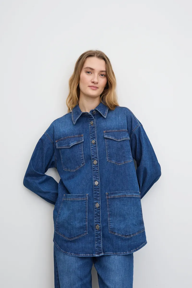 LAURIE LAURIE Damen vegan Hemdjacke Mille Ls Washed Blue Denim, Dunkelblau, – Produktbild 2 von 2