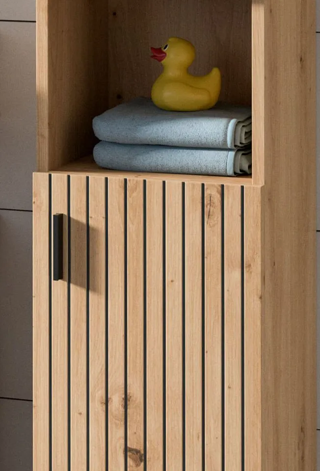 Inn.Furn Badkommode Livia (Badschrank in Eiche Artisan mit Leistenoptik, 30 x 95 cm), Türanschlag wechselbar, Braun, – Produktbild 1 von 5