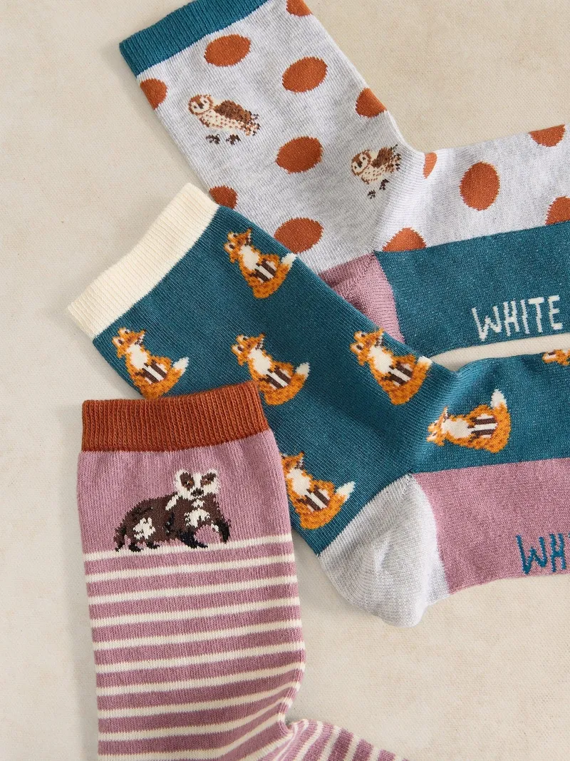 White Stuff 3er-Pack Socken mit Waldtieren - 39-41, Violett multi, – Produktbild 2 von 2